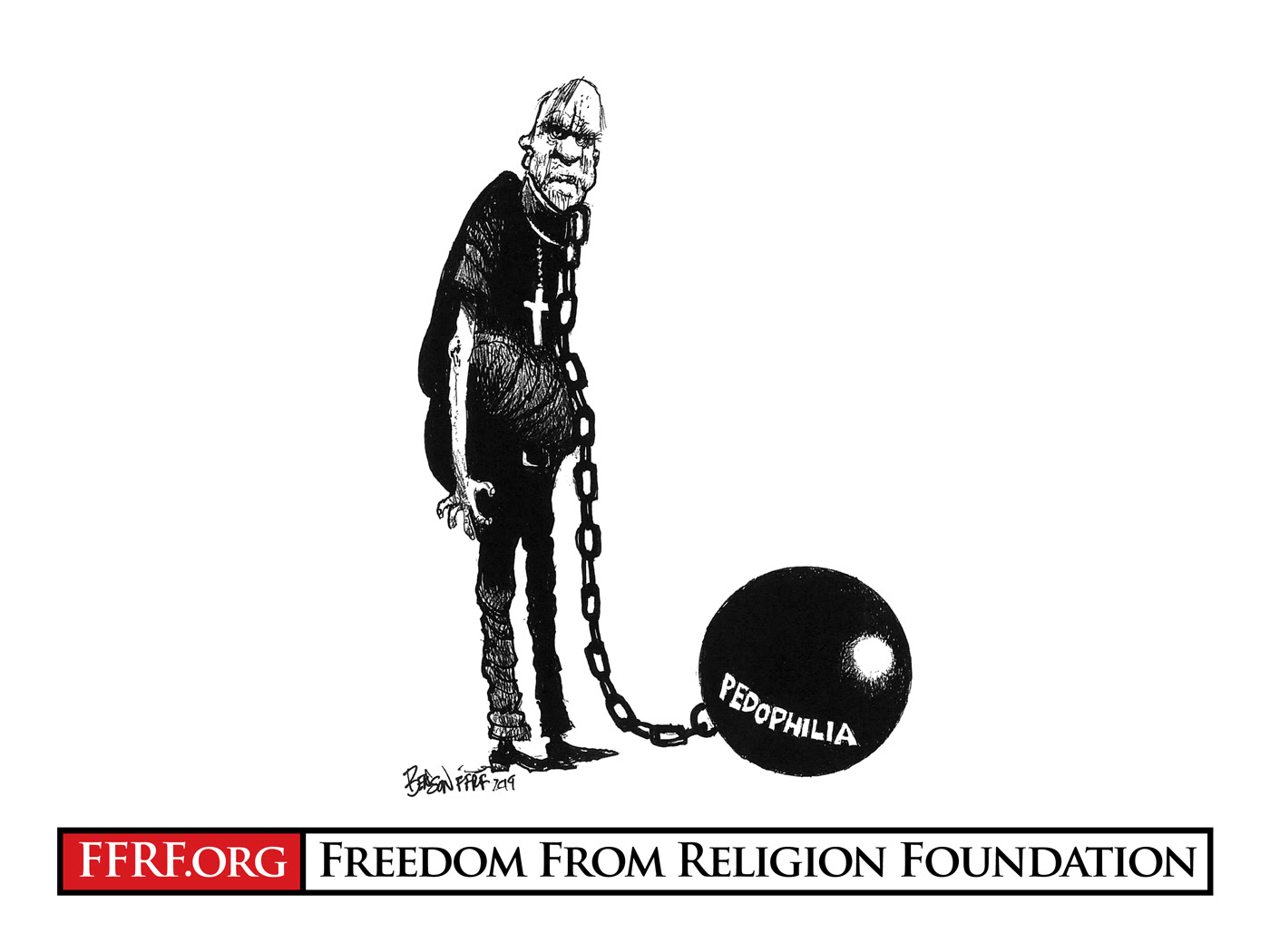 Priest with a ball and chain attached to him labelled "pedophilia"