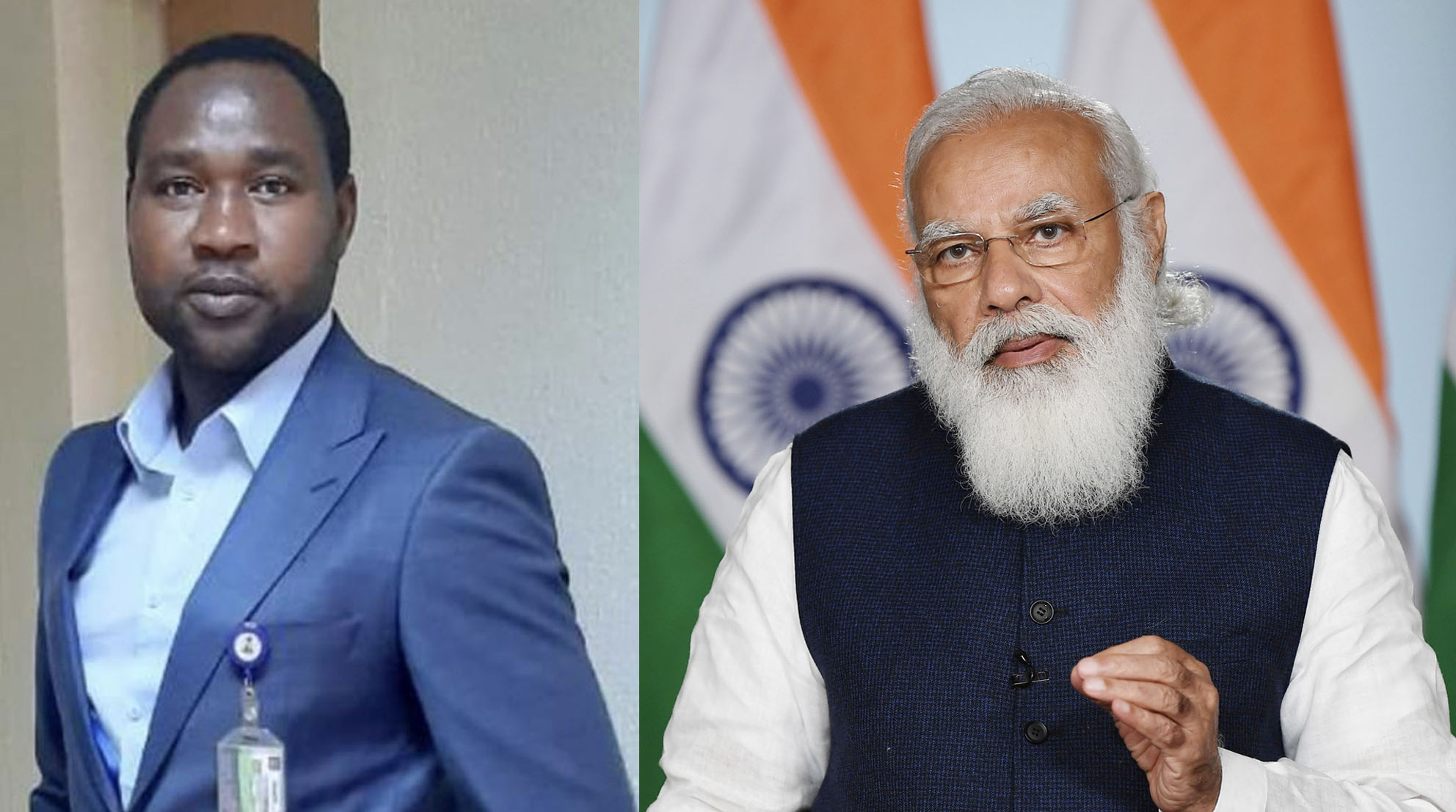 Imprisoned Nigerian freethinker Mubarak Bala (left) and Indian Prime Minister Narendra Modi (right)