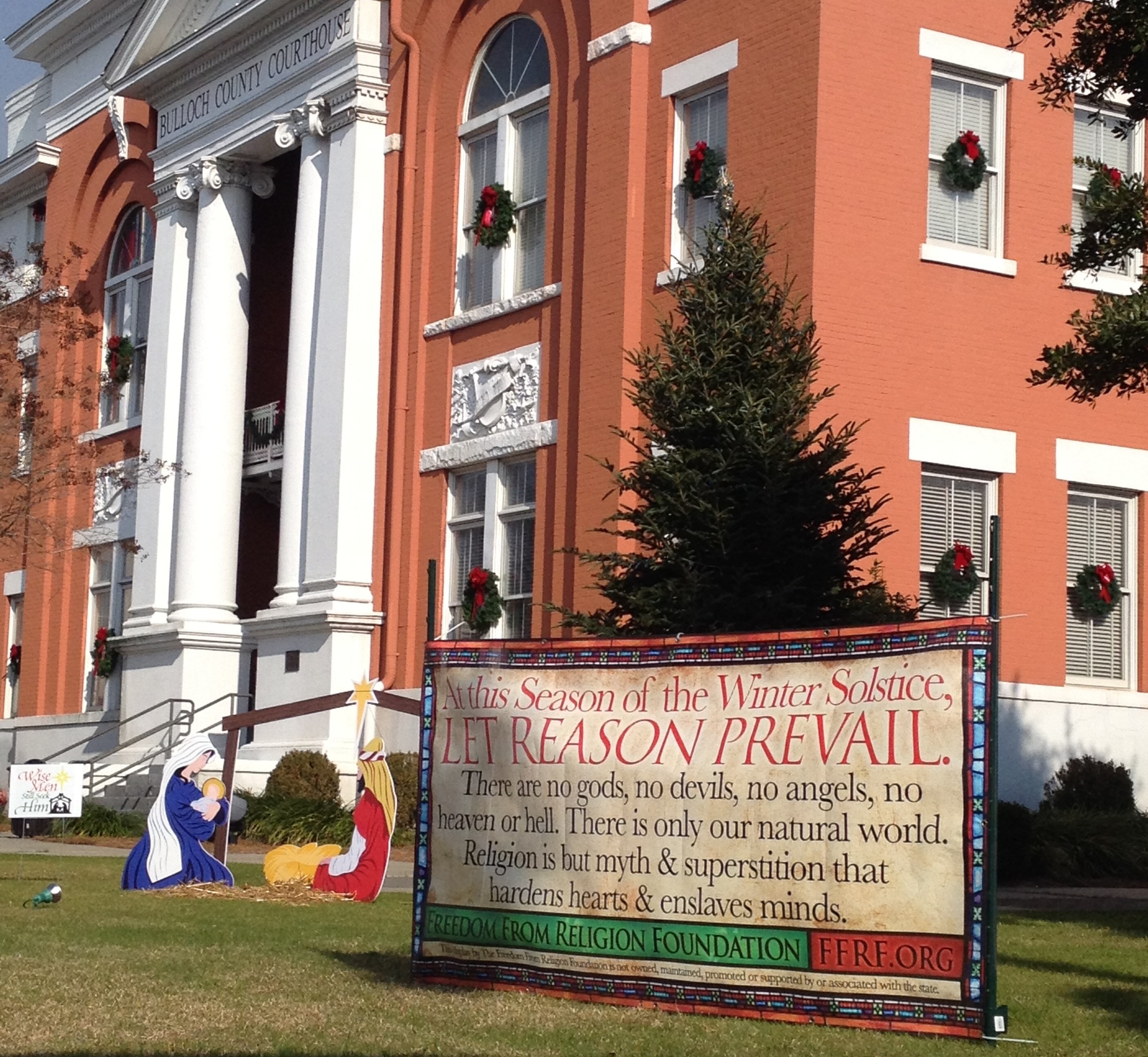 FFRF's banner is displayed next to a nativity scene in Bulloch County, Georgia