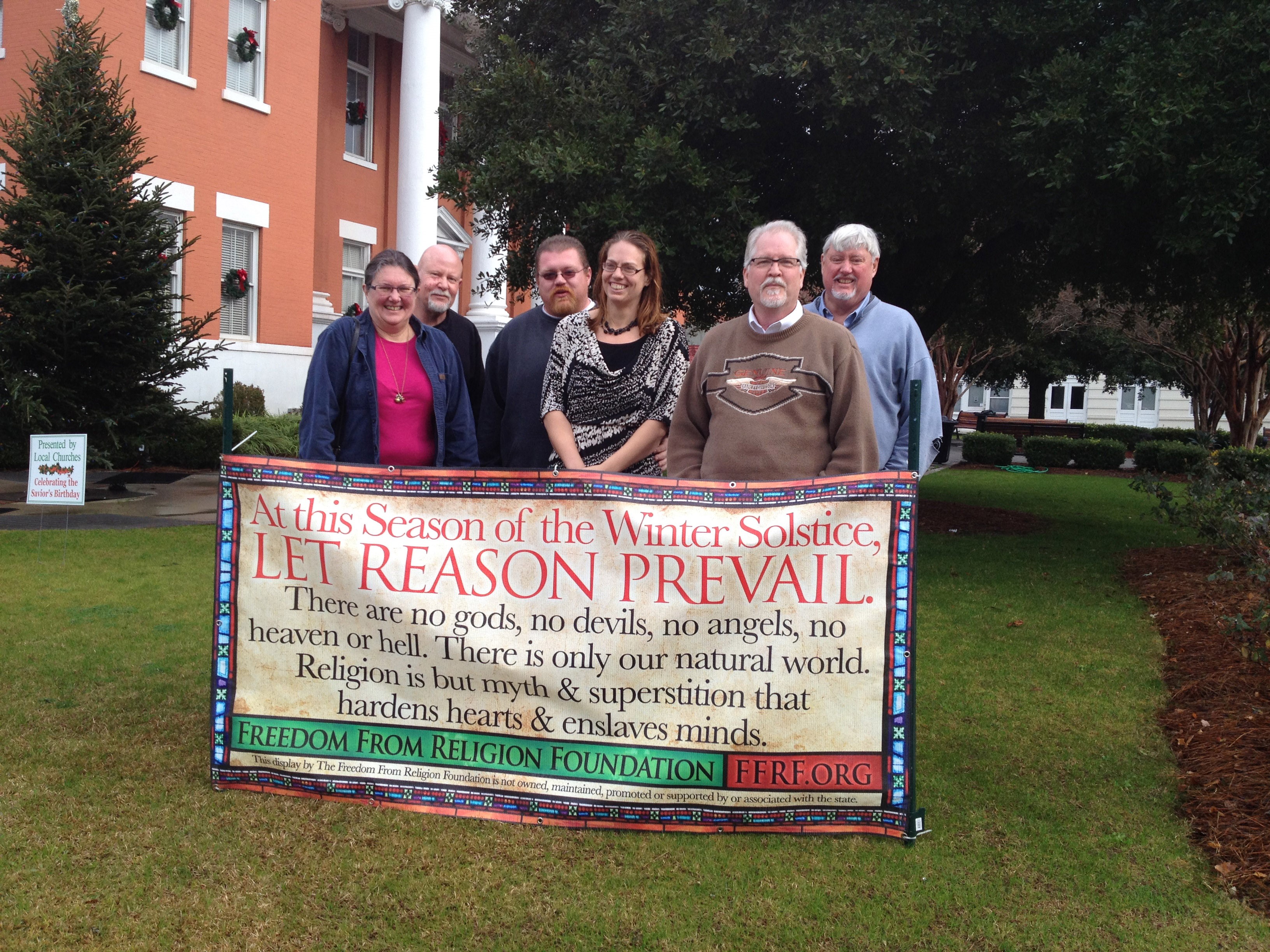 FFRF members place a banner in Bulloch County, Georgia