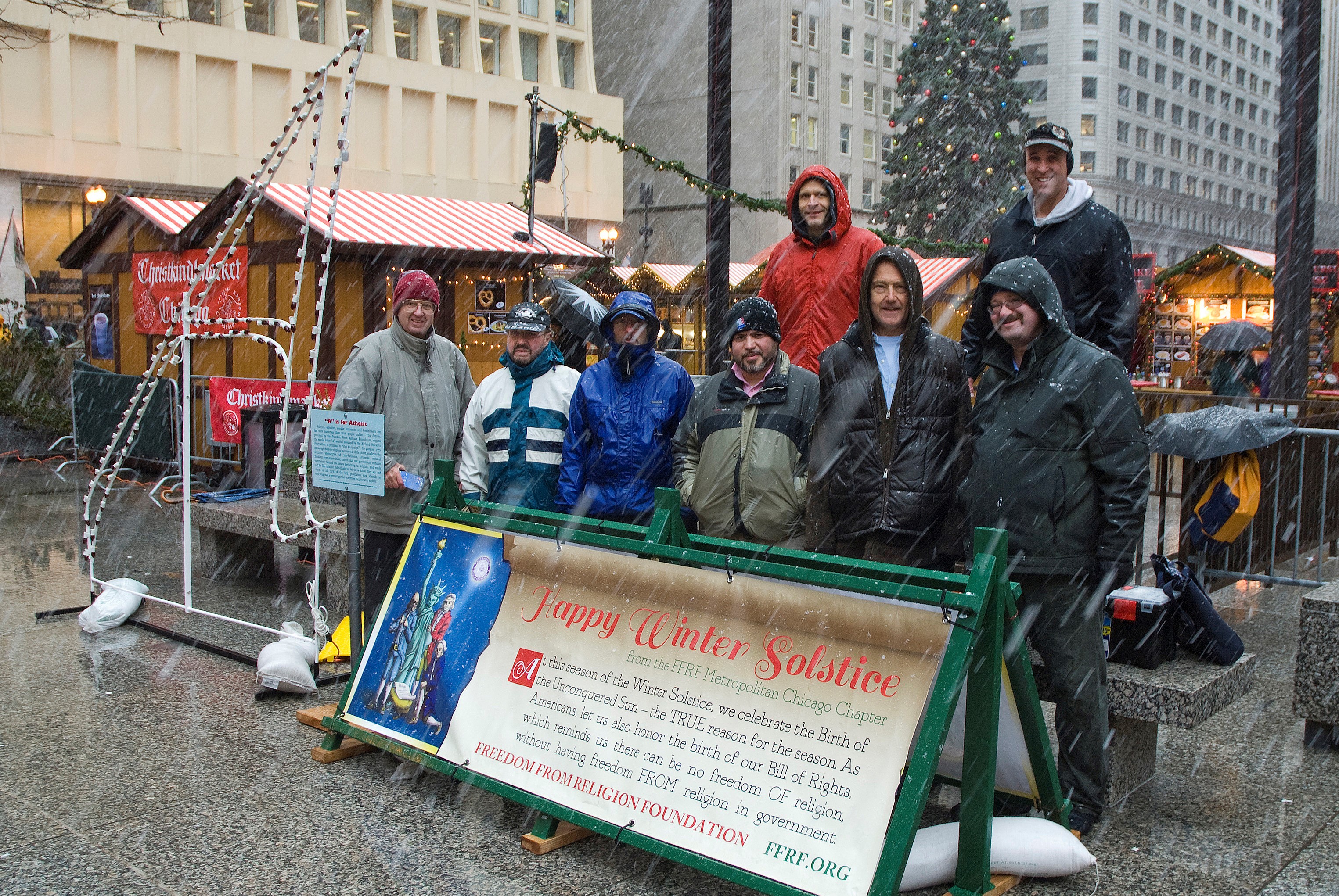 Members of the Freedom From Religion Foundation, Metropolitan Chicago Chapter, put up an atheist display in Daley Plaza.