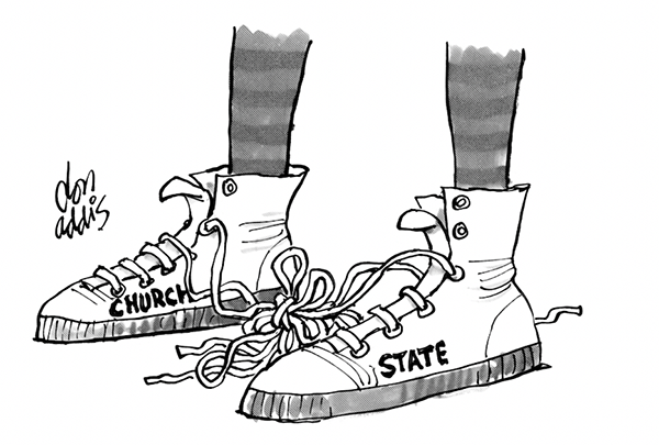 Sneakers with their laces tangled, one shoe is labeled "church" the other is labeled "state"