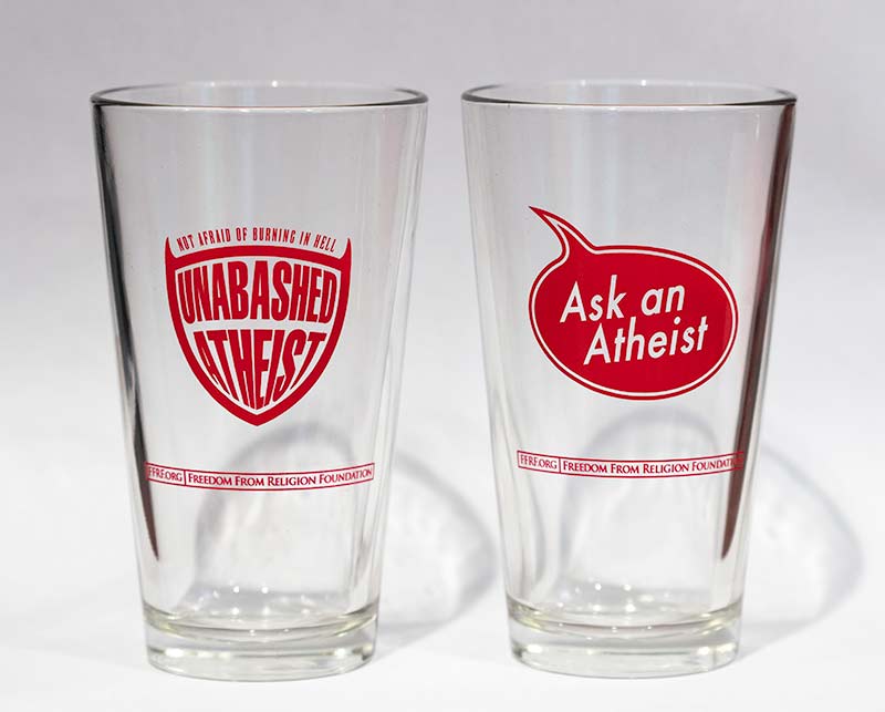 Pair of pint glasses with red Unabashed Atheist and Ask an Atheist logos