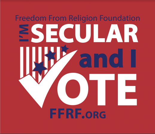 Red decal with blue and white lettering "I'm Secular and I Vote"