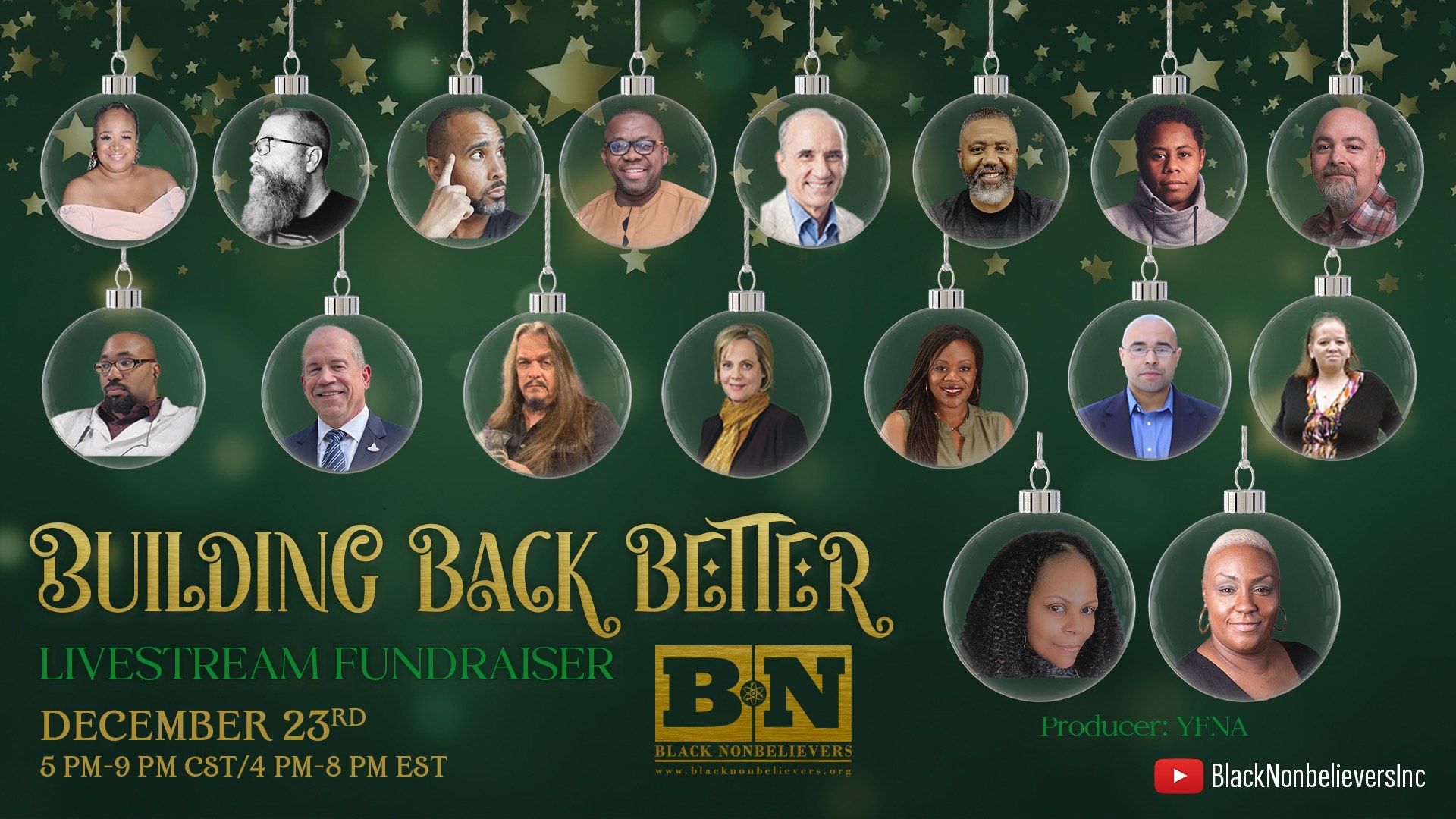 Banner for Building Back Better Livestream Fundraiser, hosted by Black Nonbelievers on December 23rd