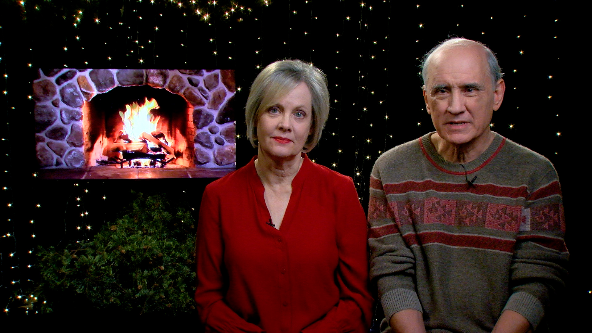 FFRF Co-Presidents in front of a fireplace