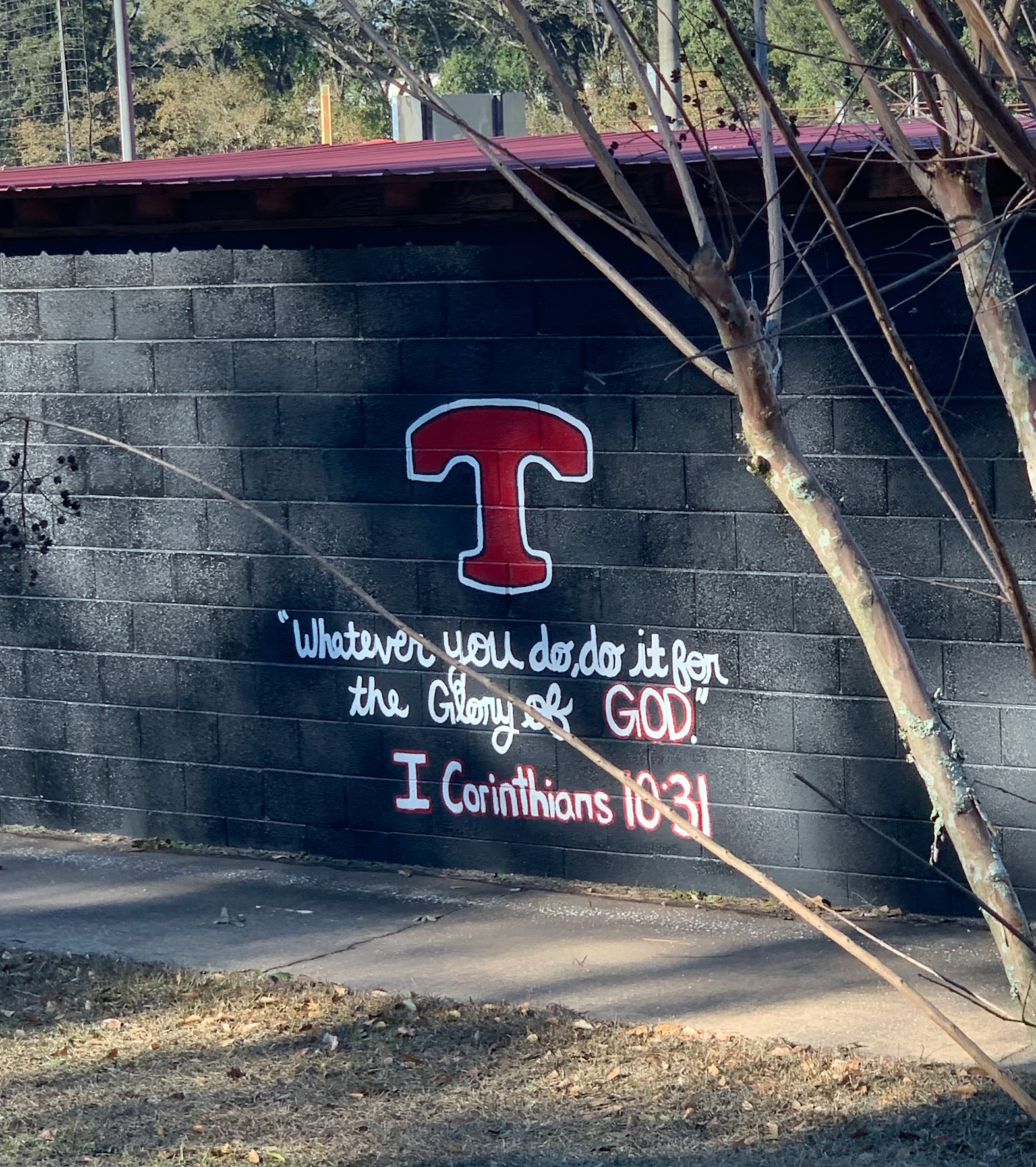 A bible quote on the Theodore High School's baseball dugout wall