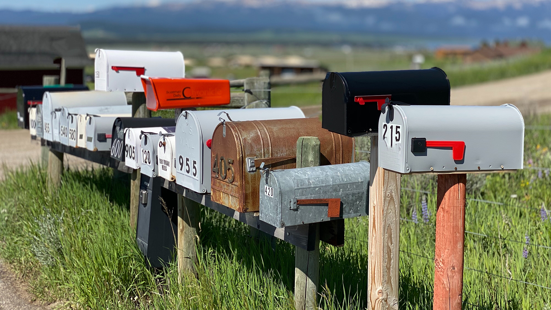 A row of mailboxes in the countryside