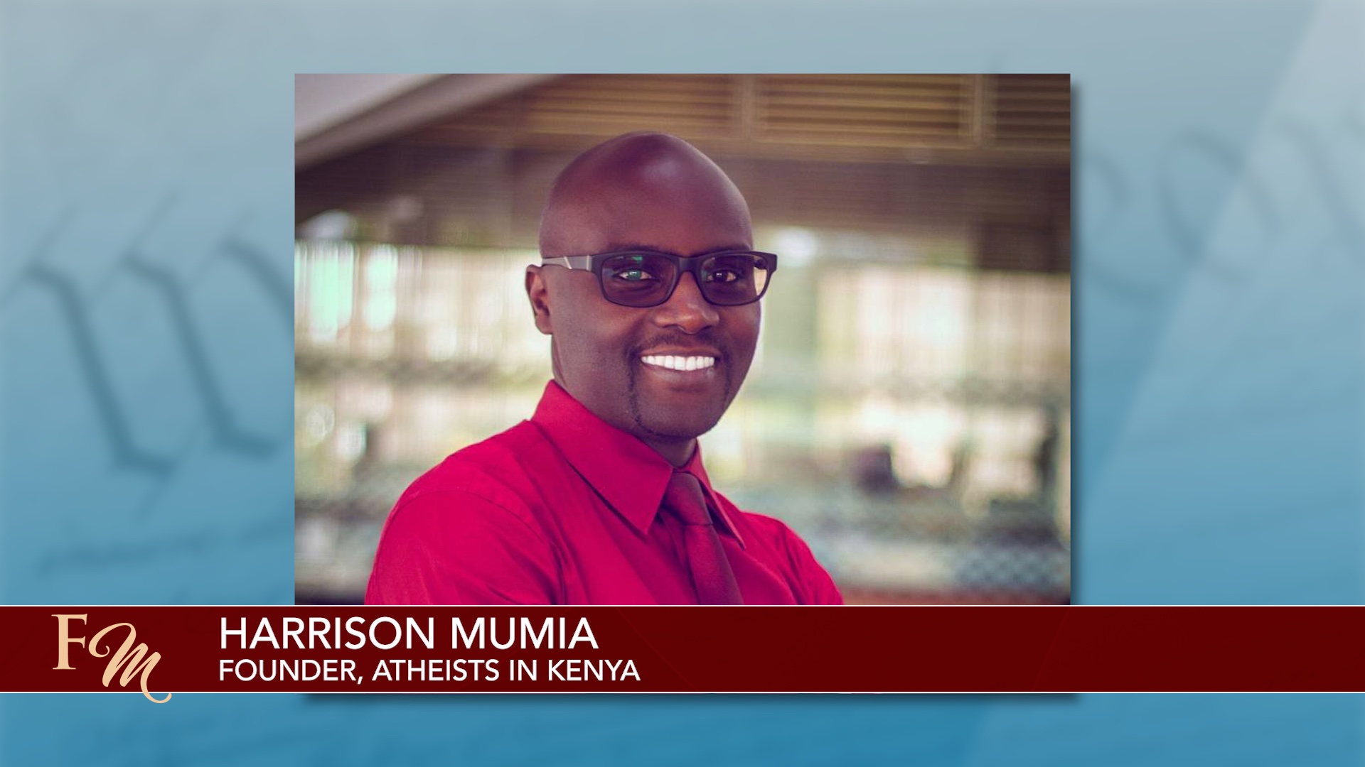 screenshot of a news program showing Harrison Mumia, the Founder of Atheists in Kenya. Screenshot from Freethought Matters