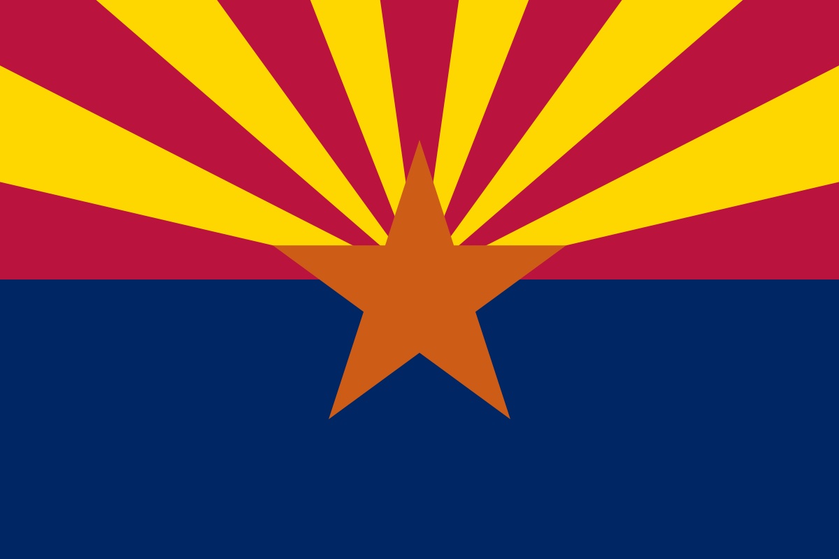 The flag of Arizona: an orange star in the middle. Bottom half is blue and the top half is red-and-yellow rays from the star.