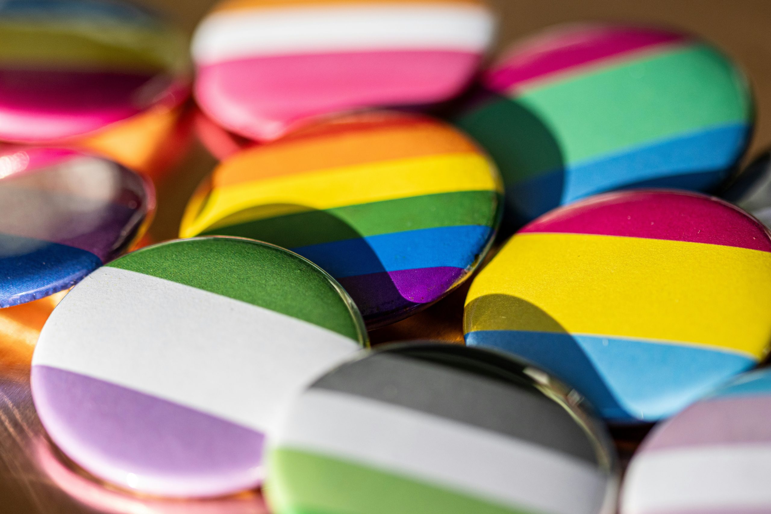 A series of buttons depicting various Pride flags including agender, aromantic, the rainbow flag, pansexual, lesbian, and more