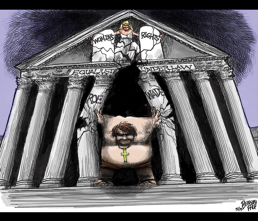 Political illustration of a shirtless and fat cartoon man wearing a cross topping an official government building labeled with 