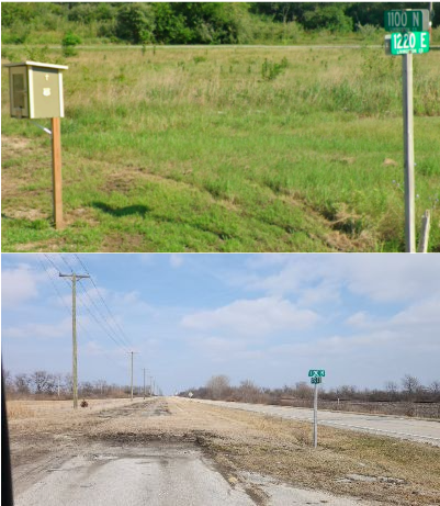Top image: shot of a Little Free Library on the side of an Illinois highway. Bottom: The same stretch of highway, sans Little Free Library.