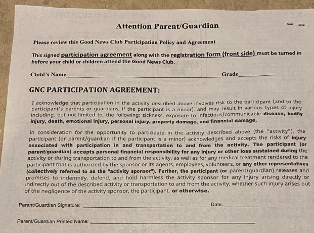 a photograph of a legal form for parents to sign on behalf of their child
