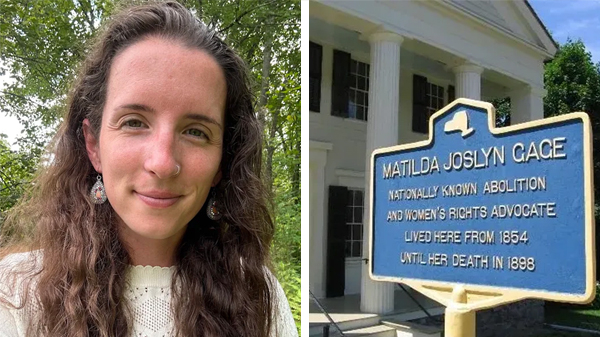 On the left, a headshot of Danielle Nagle. On the right, a photo of the entrance of the Matilda Joslyn Gage Museum.