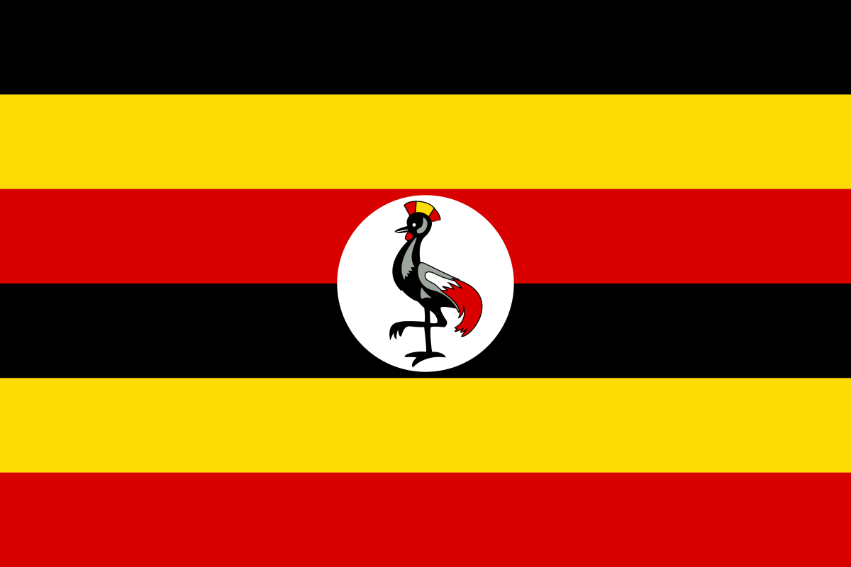 Flag of Uganda - six stripes alternating between black, yellow, and red, with a white circle in the middle with a bird in it.
