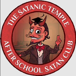 badge for the After School Satan Club, part of The Satanic Temple, featuring an illustrated Devil wearing graduation robes and making the Scouts Honor symbol with his hand