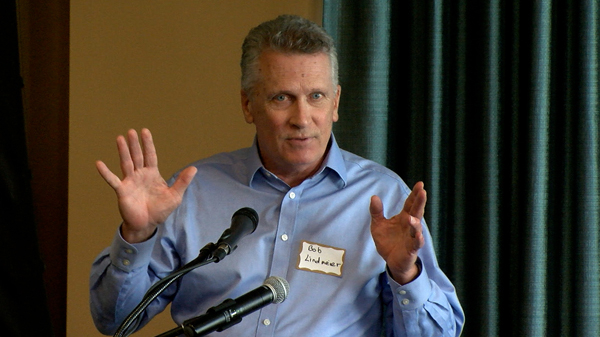 Photo of meteorologist Bob Lindmeier while speaking to a group