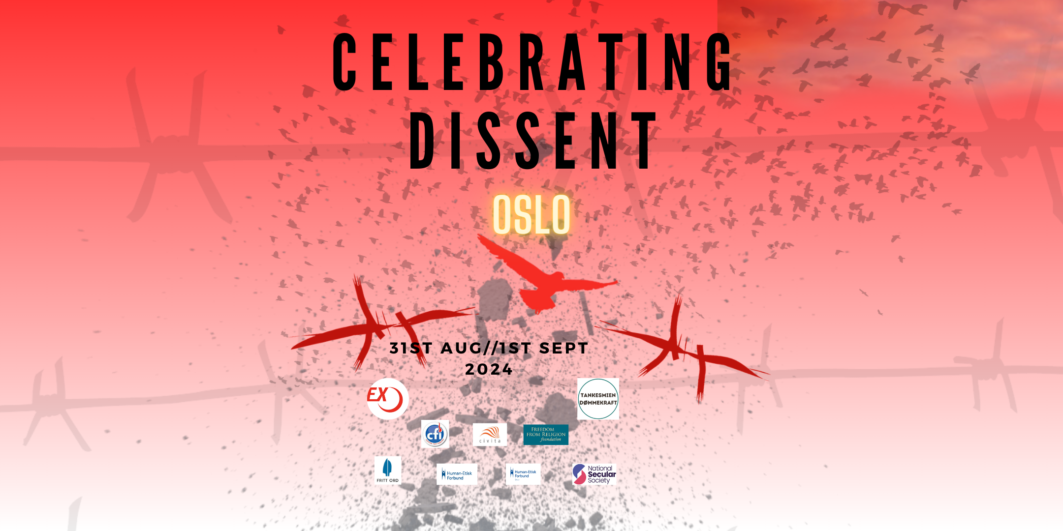 banner for Celebrating Dissent, an event in Oslo, Norway on August 31 to September 1, 2024