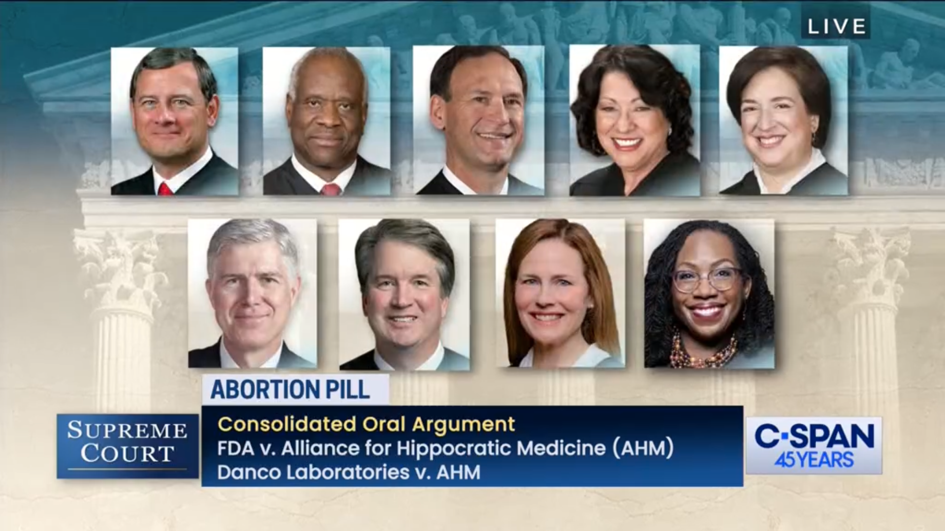 screenshot of C-span featuring headshots of all 9 judges on the Supreme Court